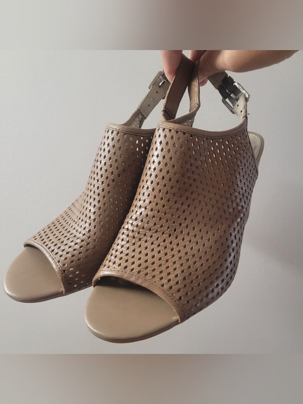 Franco Sarto Gazette Taupe Perforated Open-Toe Slingback Block Heels